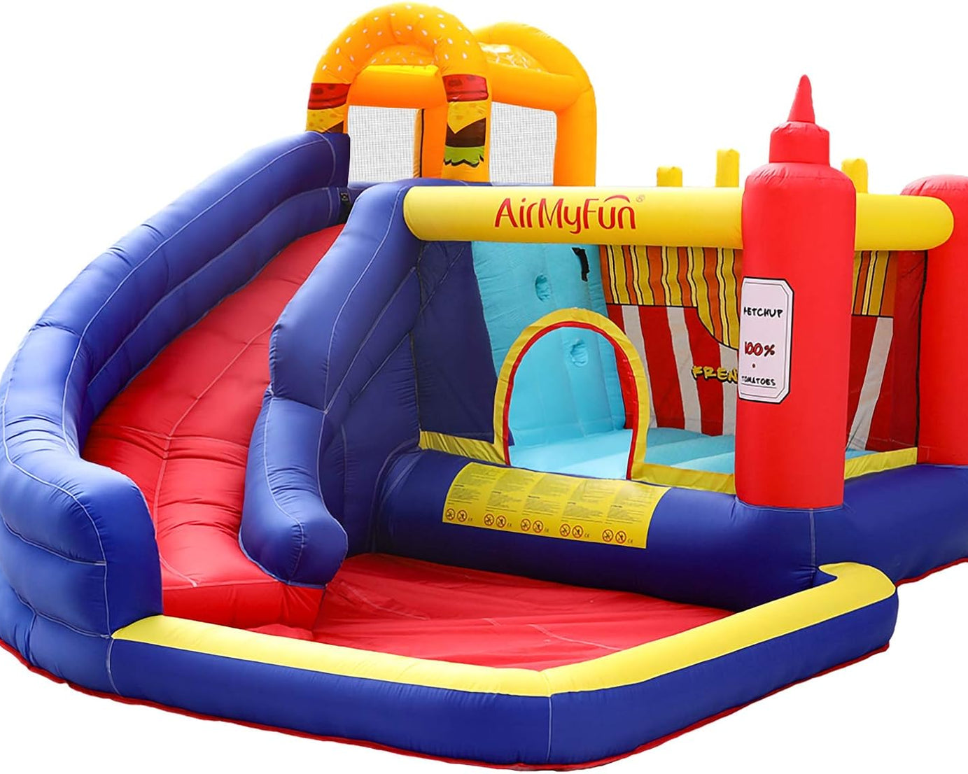 Food Bouncy Castle, Bounce House with Hamburger Ketchup Shape, Jump & Slide Area with Safety Net, Giant Castle with Ball Pit & Air Blower