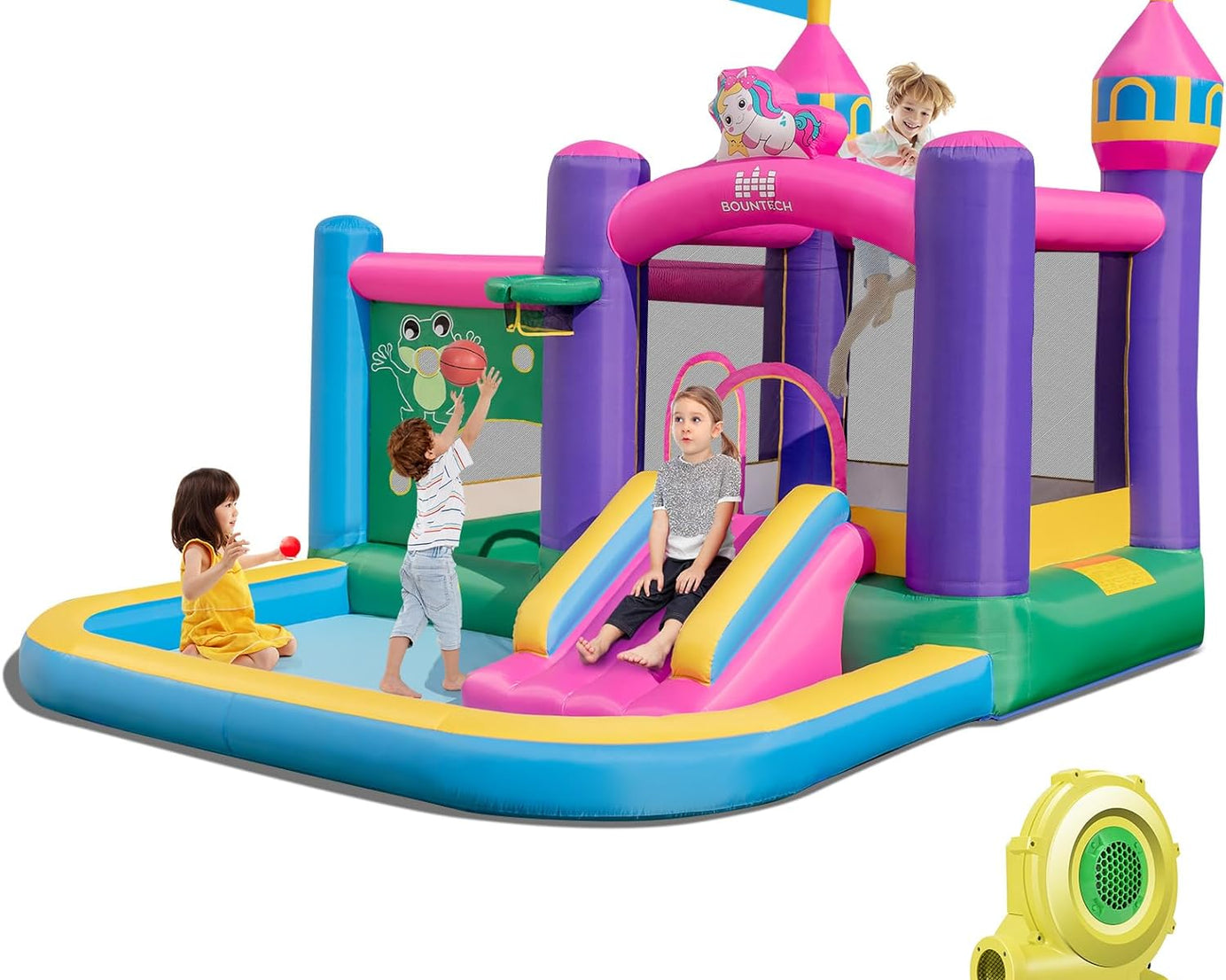 Inflatable Bounce House, Blow up Jumping Castle for Indoor Outdoor Party Family Fun W/Large Ball Pit, Basketball Rim, Bouncy House with Blower Included for Toddler Kids Birthday Party Gifts