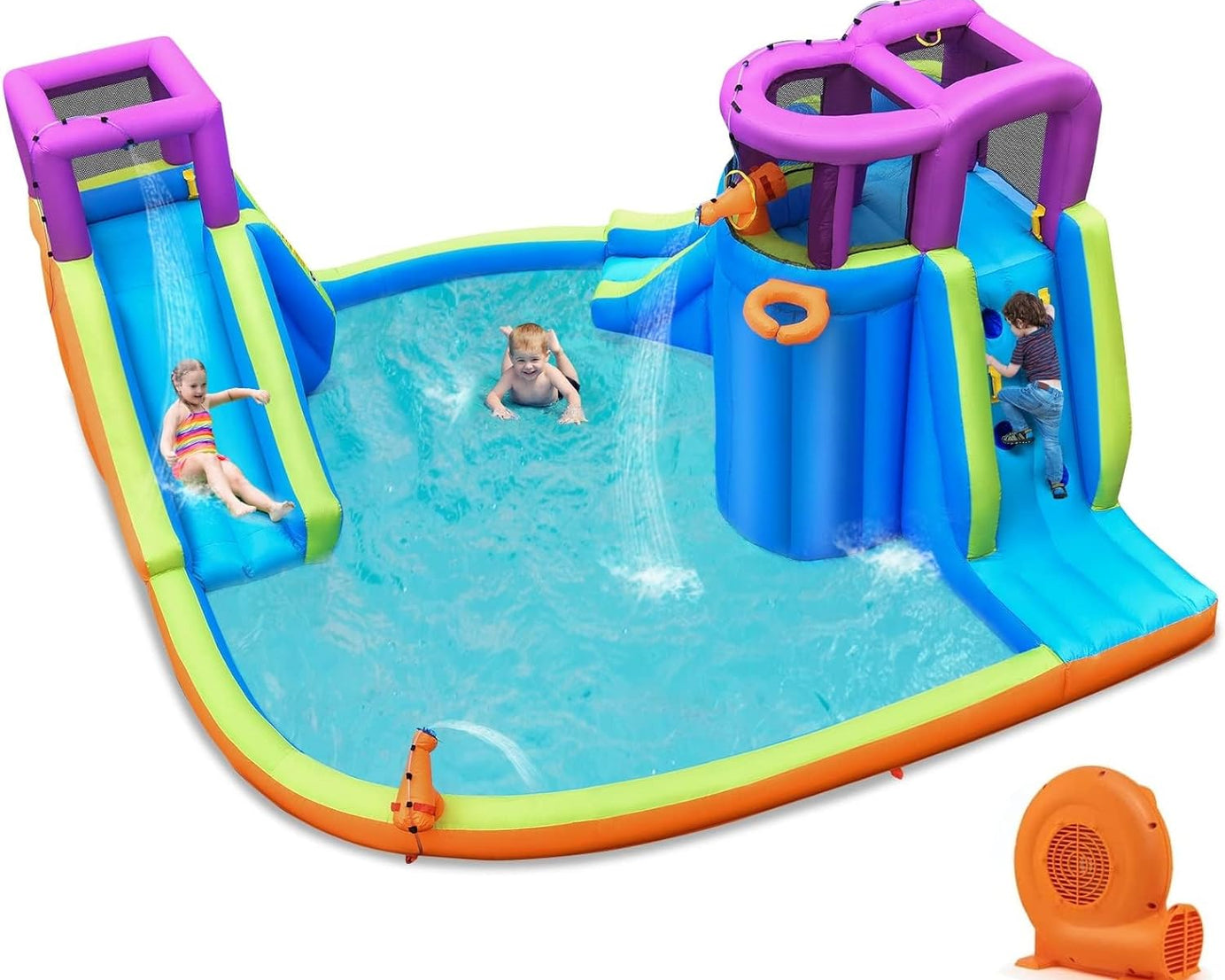 Inflatable Water Slide Park, 15X14.5Ft Mega Kids Waterslide Outdoor W/Dual Slides&Climbing for Racing Fun, Splash Pool, Blow up Water Slides Inflatables for Big Kids Backyard Party Gifts