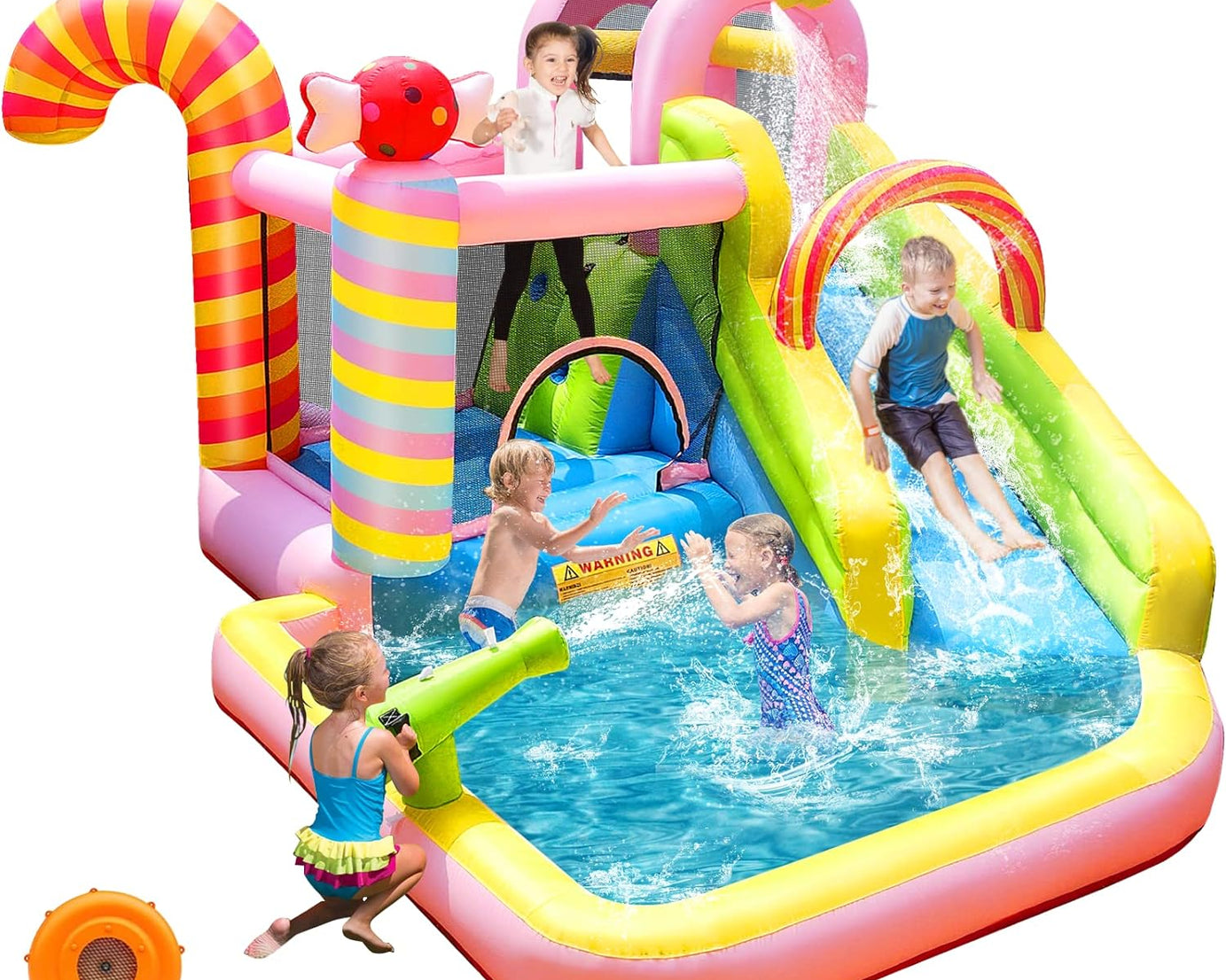 Inflatable Bounce House Water Slide, 6 in 1 Sweet Candy Water Park, Wet Dry Combo Bouncy Castle with 450W Blower, Splash Pool, Water Slide for Kids and Adults Backyard Party Gifts