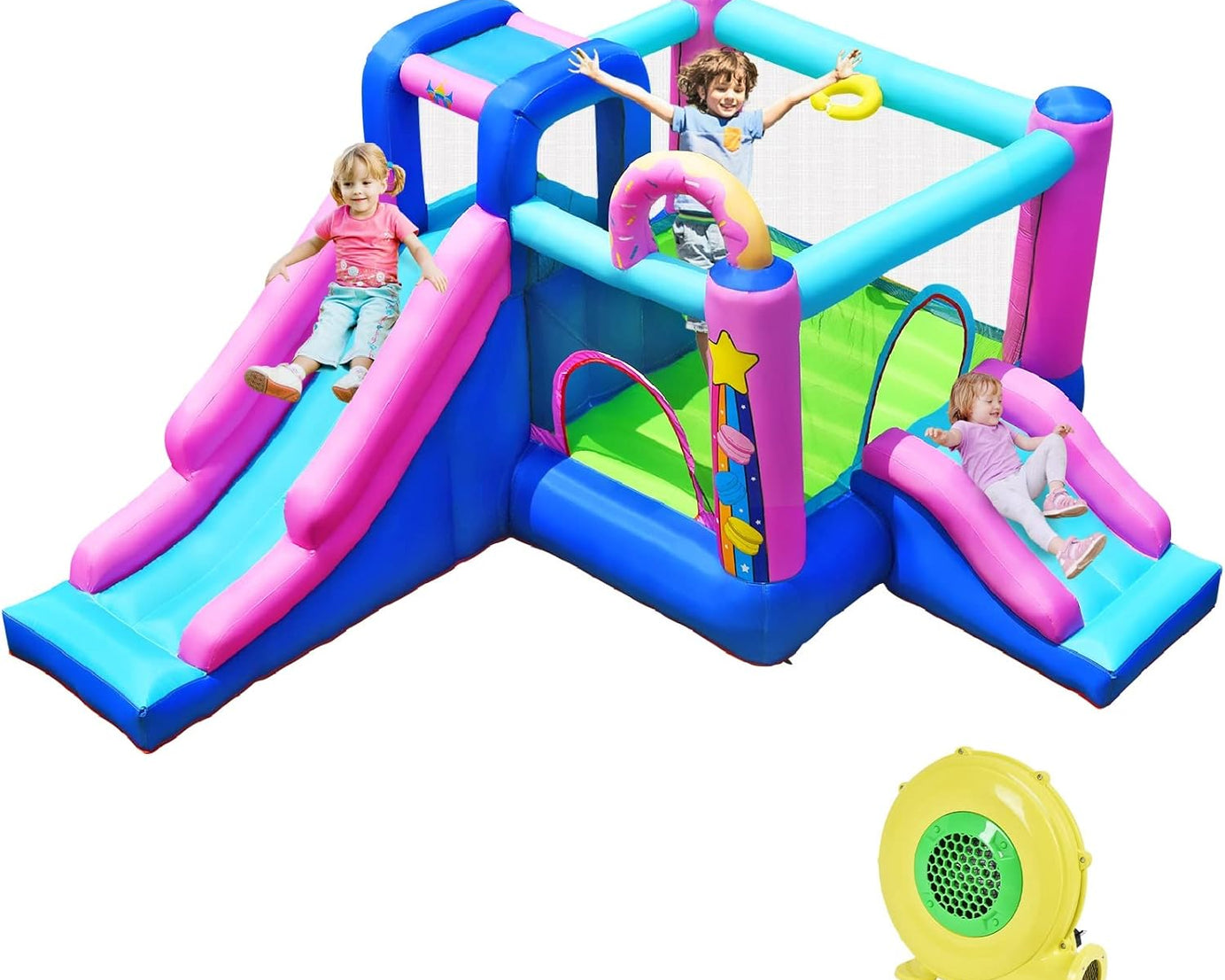 Inflatable Bounce House, 5 in 1 Kids Jumper Bouncer with Slides, Jumping Area, Climbing Wall, Basketball Rim, Bouncy House for Kids, Including Carry Bag, Stakes, Repair (With 480W Air Blower)