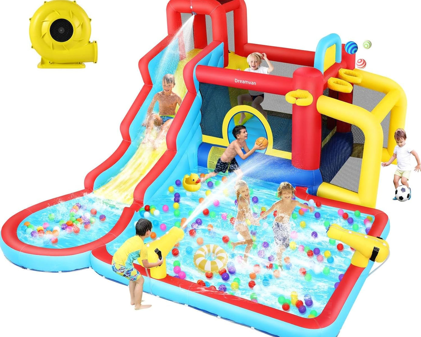 Wet & Dry Bounce House Combo: Climbing Wall, Splash Pool, Cannon, Basketball & Football Features, Blower Included