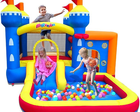 Inflatable Bounce House, Bouncy House for Kids 3-10 Ages, Jumping Castle with Air Blower,Carry Bag, Ball Pit, Basketball Hoop, Slide