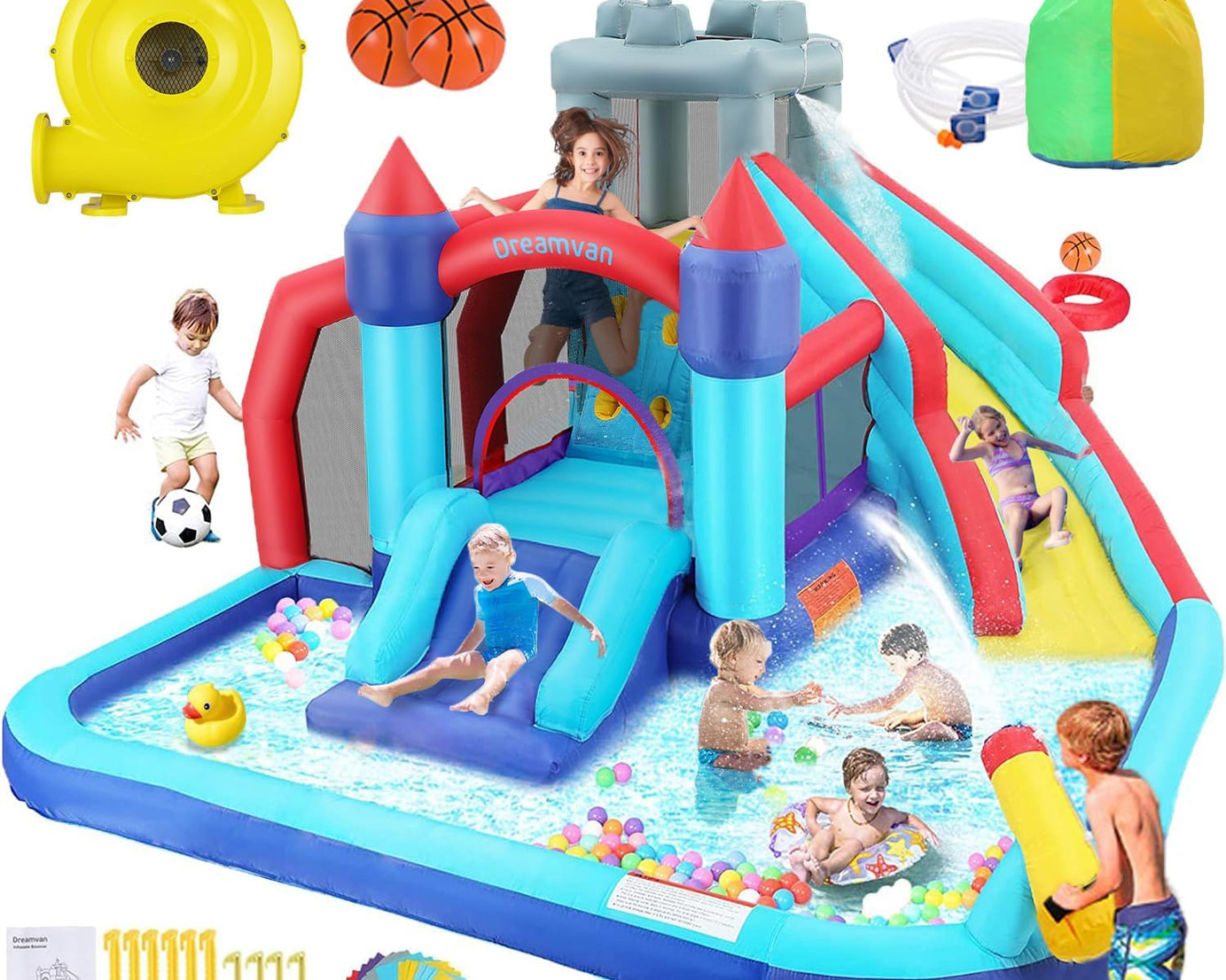 Bounce House,Inflatable Bounce House for Kids 3-12 with Blower Included,Indoor/Outdoor Kids Bouncy House Water Park Jump House Water Bounce House for Backyard with Splash Slide,Climbing Wall