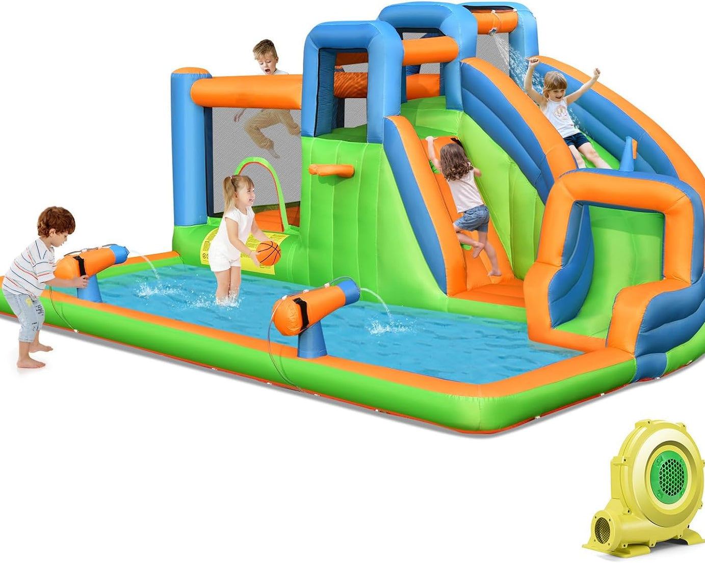 7-in-1 Toddler Water Slide Castle: Large Splash Pool, Water Cannons, Climbing Wall, 735W Blower Included