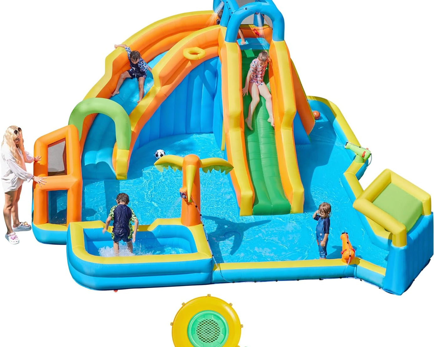 Inflatable Water Slide, Giant Water Slide Combo W/ 2 Long Slides & Large Climbing Wall & Small Deeper Pool & Awning, 11-In-1 Outdoor Blow up Water Slide W/Storage Bag & 950W Blower