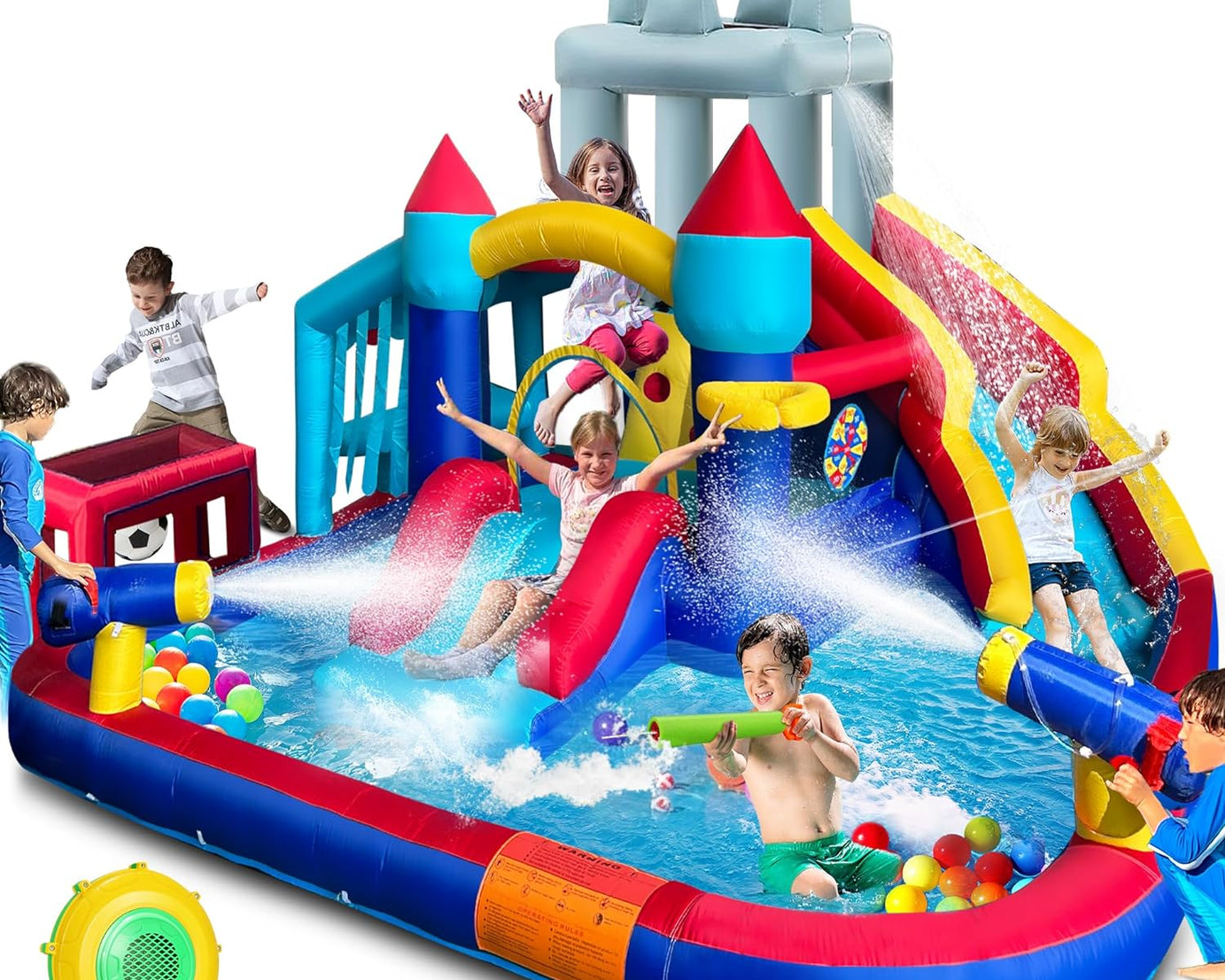 Inflatable Water Slide, 11 in 1 Extra Large Waterslide Bouncy House with Pool, Water Cannons, Climbing Wall, Dart Ball, Cool Secret Base, 680W Blower Kids Backyard Activity Outdoor Water Play Toy