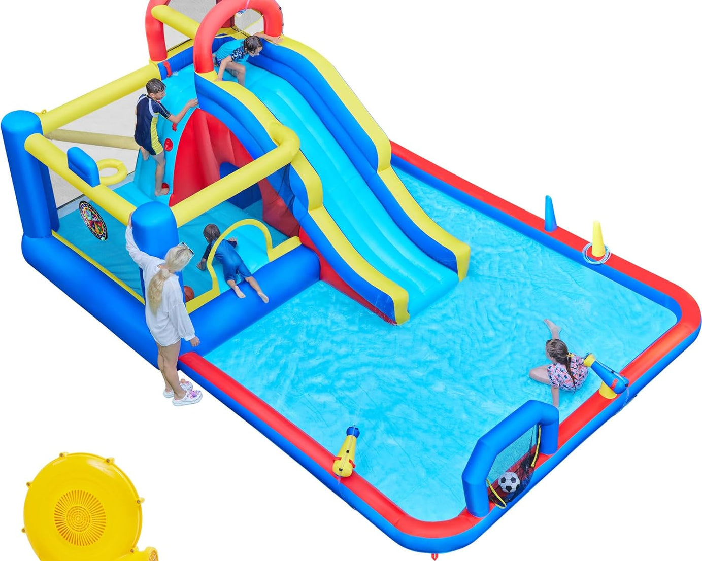 Inflatable Bounce House W/Slide, Outdoor Inflatable Water Slide W/Bouncer & Large Splash Pool for Kids Aged 3-10, 10-In-1 Jumping Castle Slide W/Storage Bag & 650W Blower