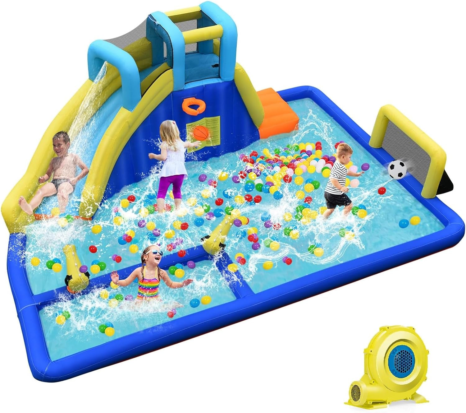 Inflatable Water Slide, Bouncing Park House with Slide, Pool, 2 Water Guns, Climbing Wall, Bouncer Castle Outdoor with Hose, Carry Bag, Repaired Kit, Stakes, Balls (With 735W Blower)