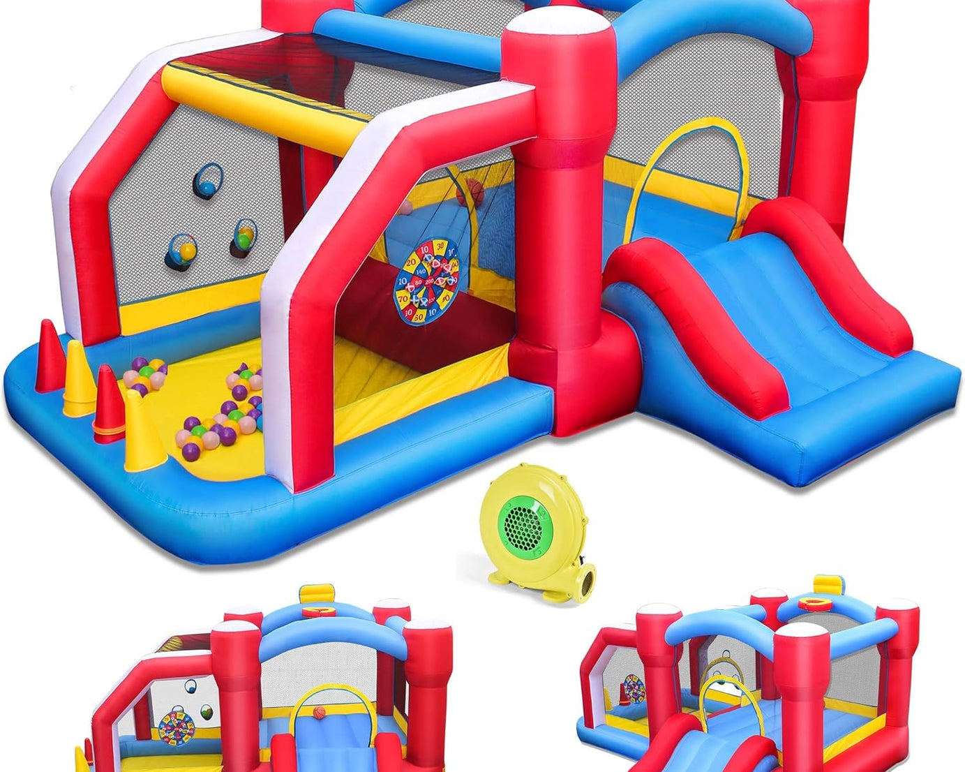 Inflatable Bounce House,6 in 1 Bouncy Castle for Children with Large Bouncy Area,Kids Bouncy Castle with Slide-Carry Bag,Repair Patch,Stakes,Eletric Air Pump Included