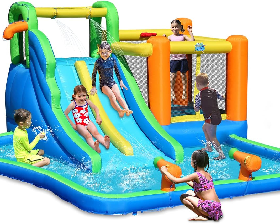 Bounce House or Water Slide, 7-In-1 Inflatable Bouncer Combo with Large Pool, Fun Bounceing Area with Basketball Hoop, Long Double Slide with 2 Water Sprays, Air Blower Included