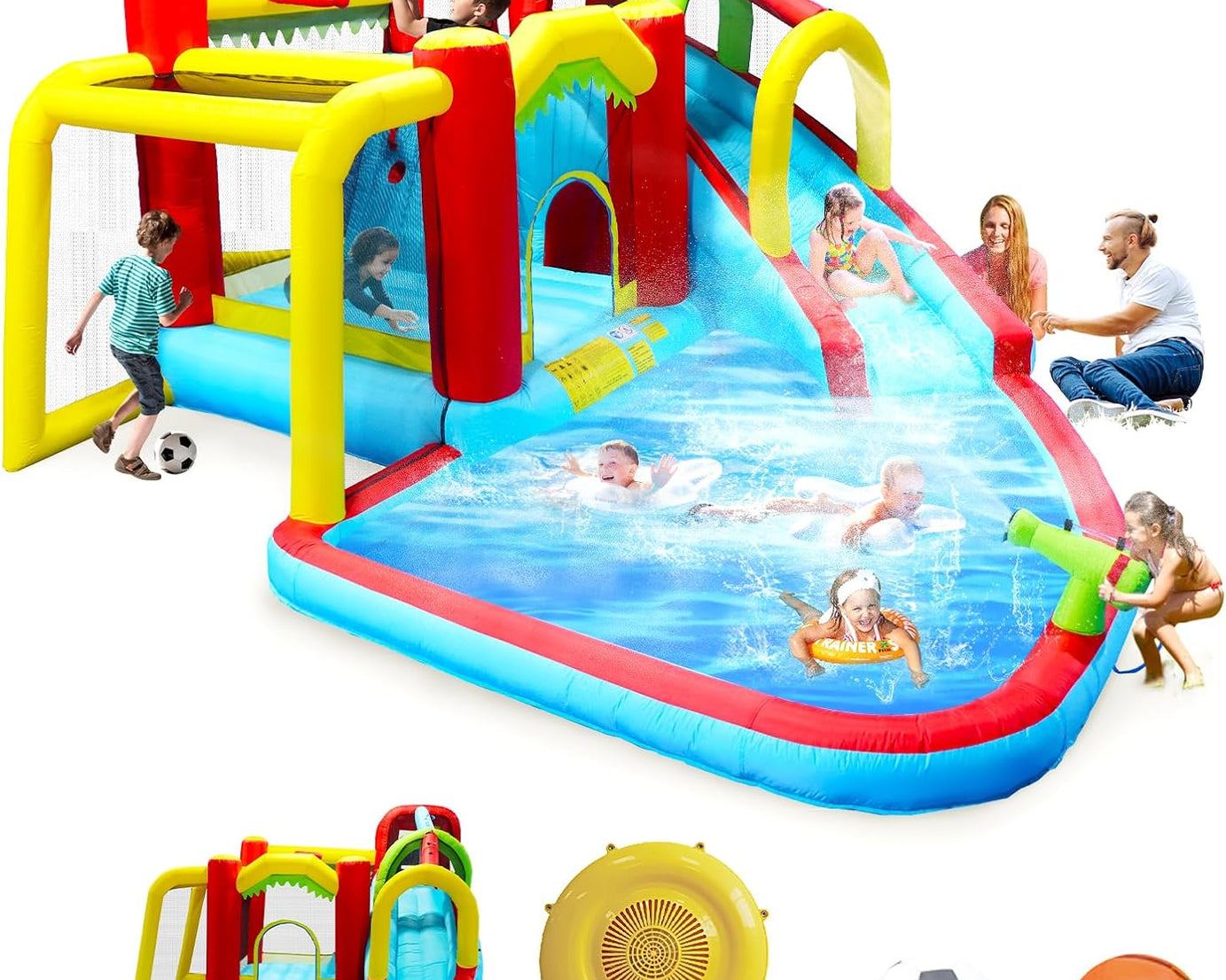 7-In-1 Kids Inflatable Bouncing House with Slide Pool Climbing Wall Basketball Soccer Outdoor Playground for Summer Party,Inflatable Water Park with Blower Gifts for Boys Girls