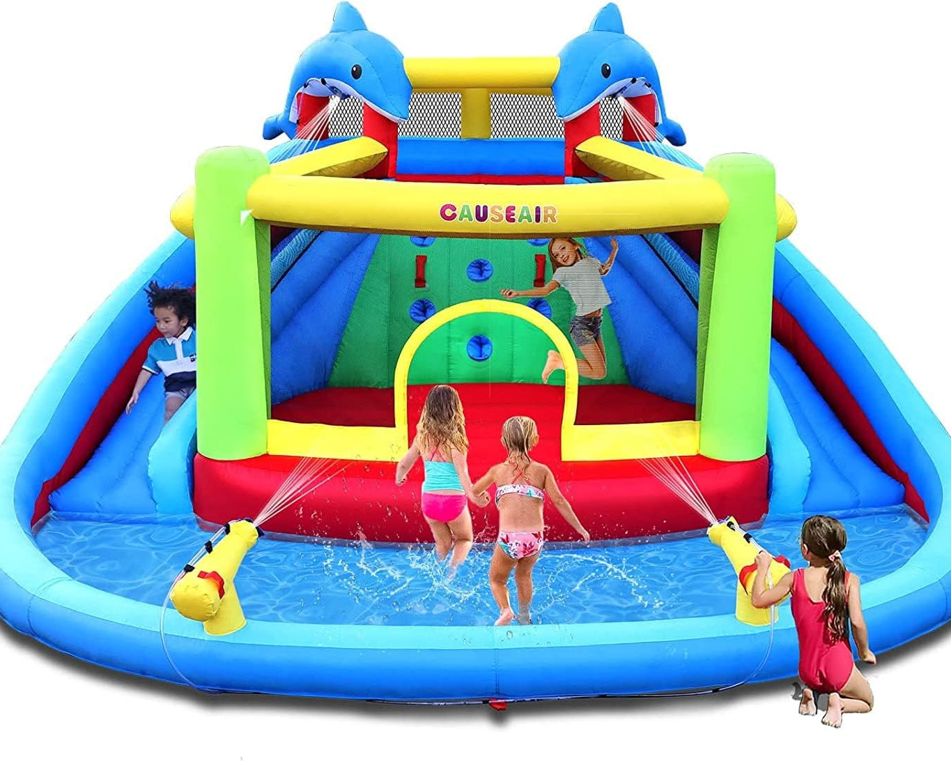 Inflatable Water Slide with Bounce House,Dolphin Styling,Splashing Pool,Double Water Cannon,Climbing Wall,Heavy Duty GFCI Blower,Water Park for Kids Backyard Summer