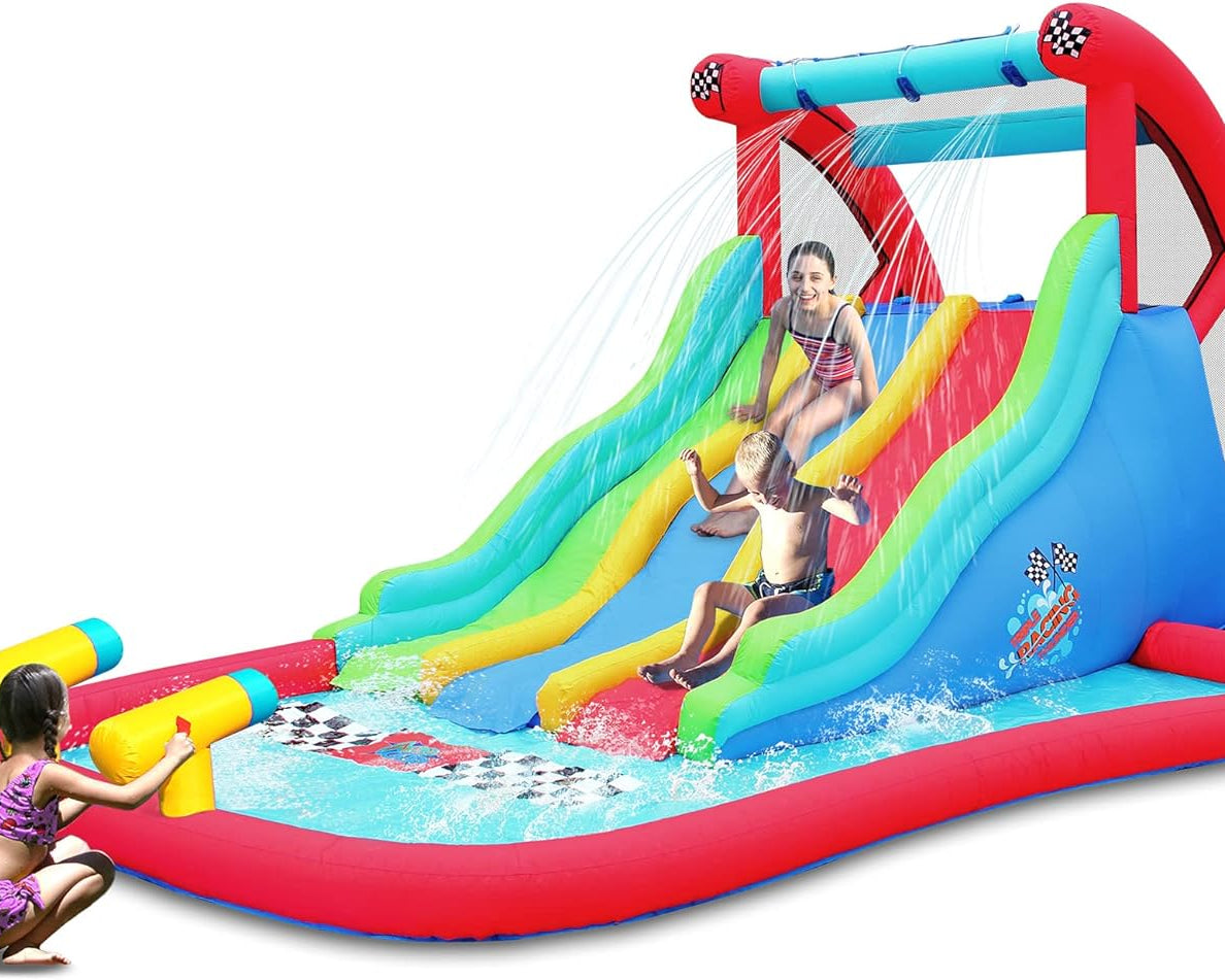 Inflatable Water Slide, Fun Triple Waterslides with Climbing Wall, Pool with 2 Water Sprays, Bounce House for Kids Backyard, Love for Kids