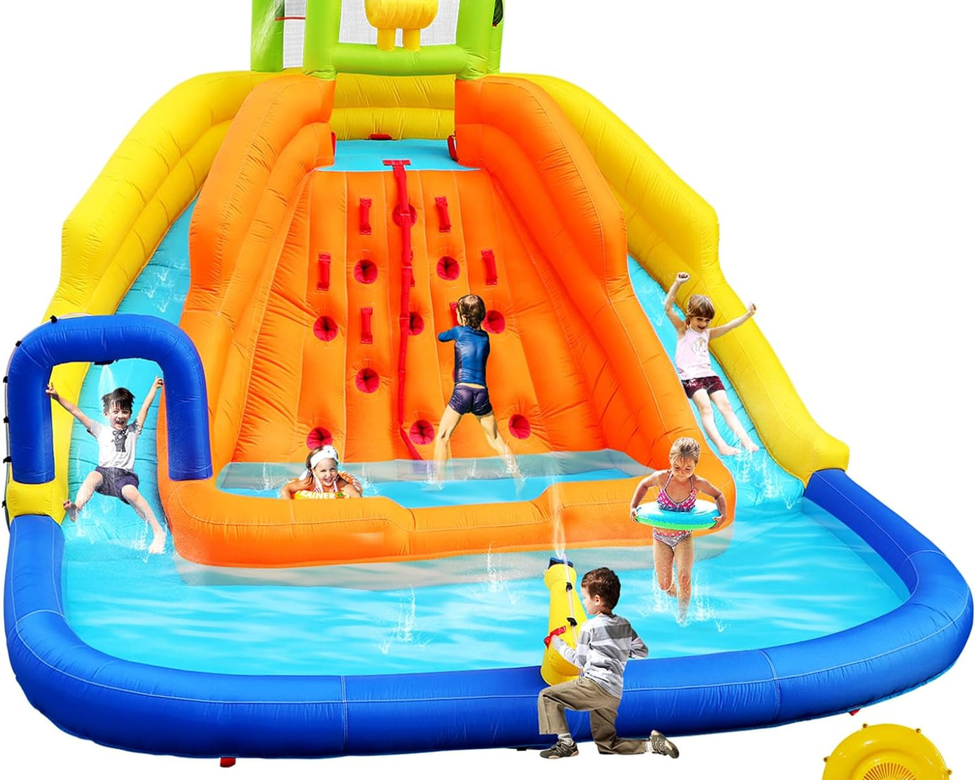 Inflatable Water Slide, Bounce House with Water Bucket, Deep Pool, Climbing Wall with Rope, Water Slide with Air Blower