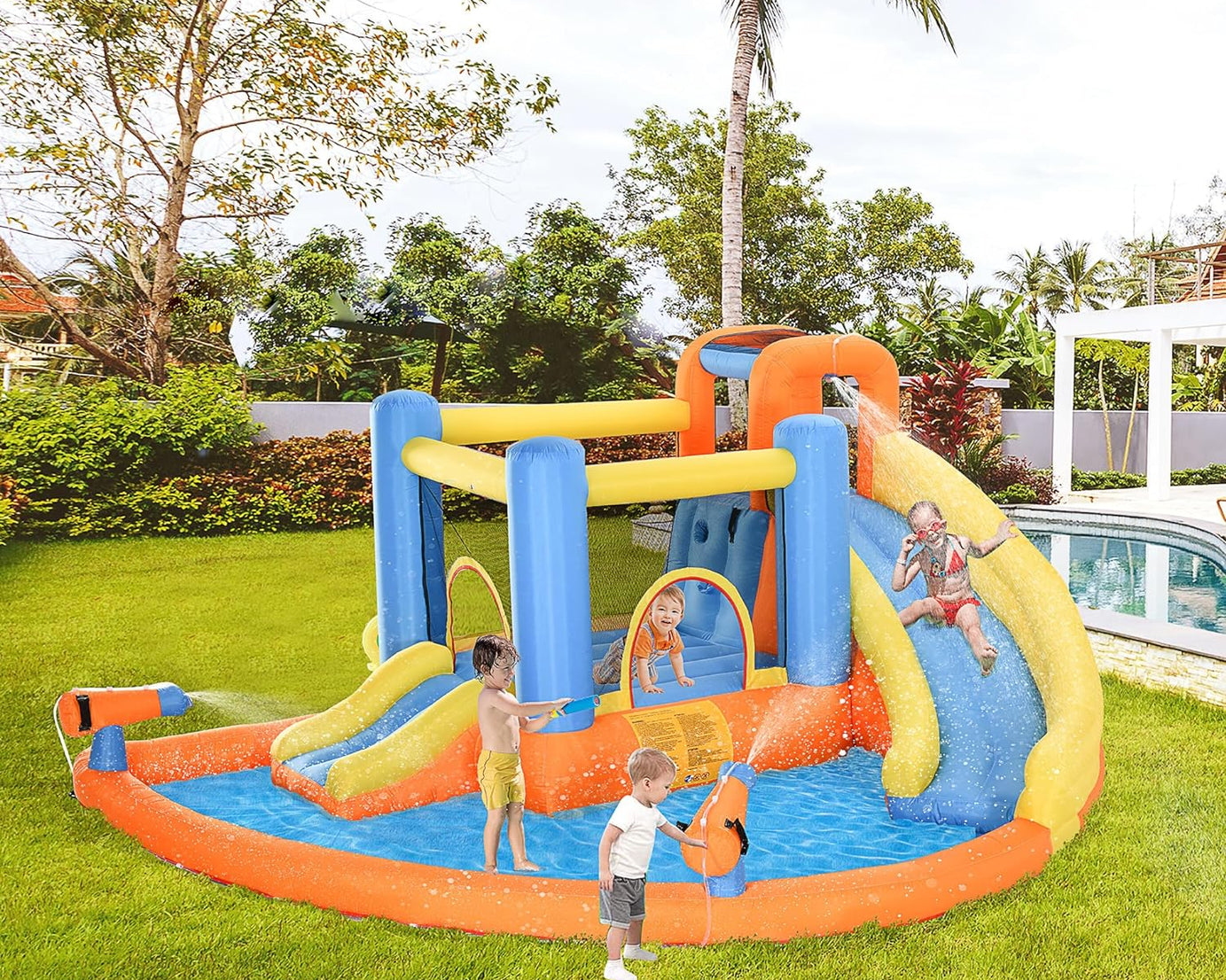 5-In-1 Kids Inflatable Bounce House with Water Pool Slide Climbing Wall,Water Park with Blower for Summer Party Gifts for Boys Girls