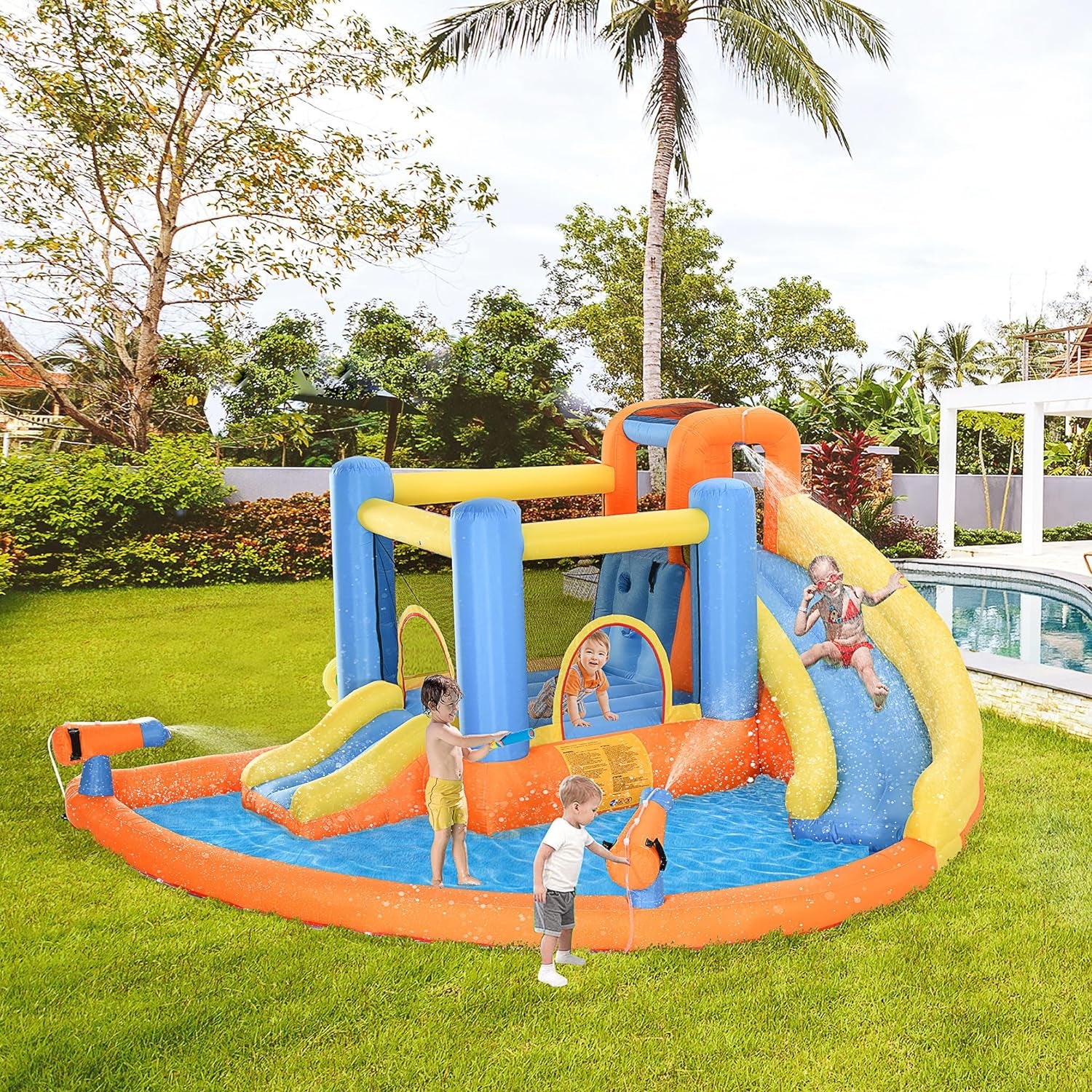 5-In-1 Kids Inflatable Bounce House with Water Pool Slide Climbing Wall,Water Park with Blower for Summer Party Gifts for Boys Girls