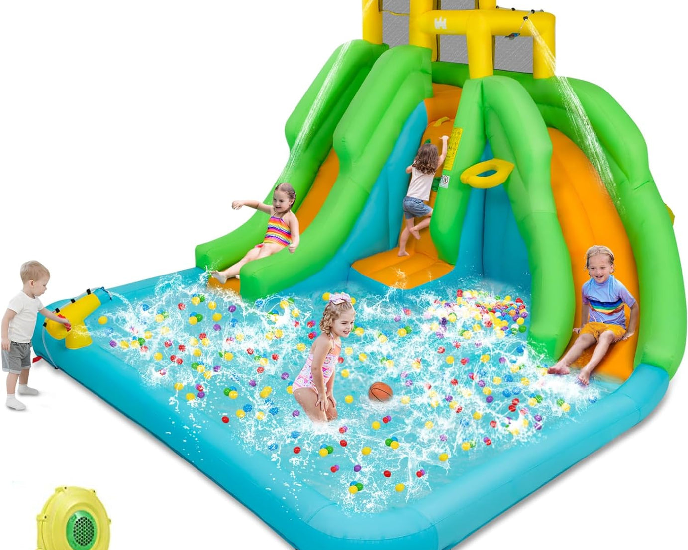 Inflatable Water Slide, 6 in 1 Kids Bouncer Water Park W/Climbing Wall & 2 Long Slides, Splash Pool, Water Cannons, Indoor Outdoor Blow up Water Slides for Backyard(With 480W Blower)