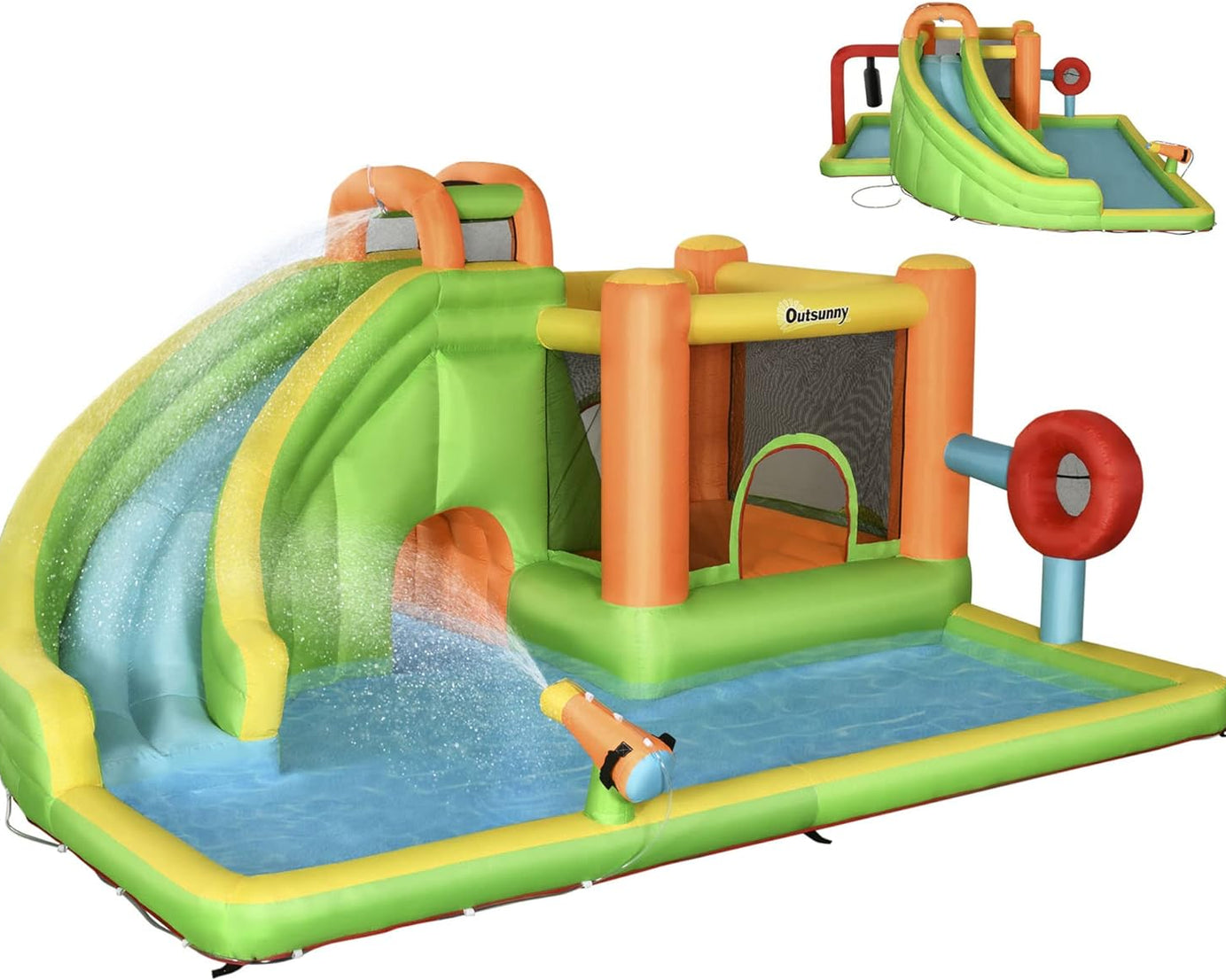 7-In-1 Backyard Inflatable Bounce House with Pool Sports, Water Gun, and More, Inflatable Water Slide for Kids with 2 Min. Inflation, Large Outdoor Game for Birthday Party Activities