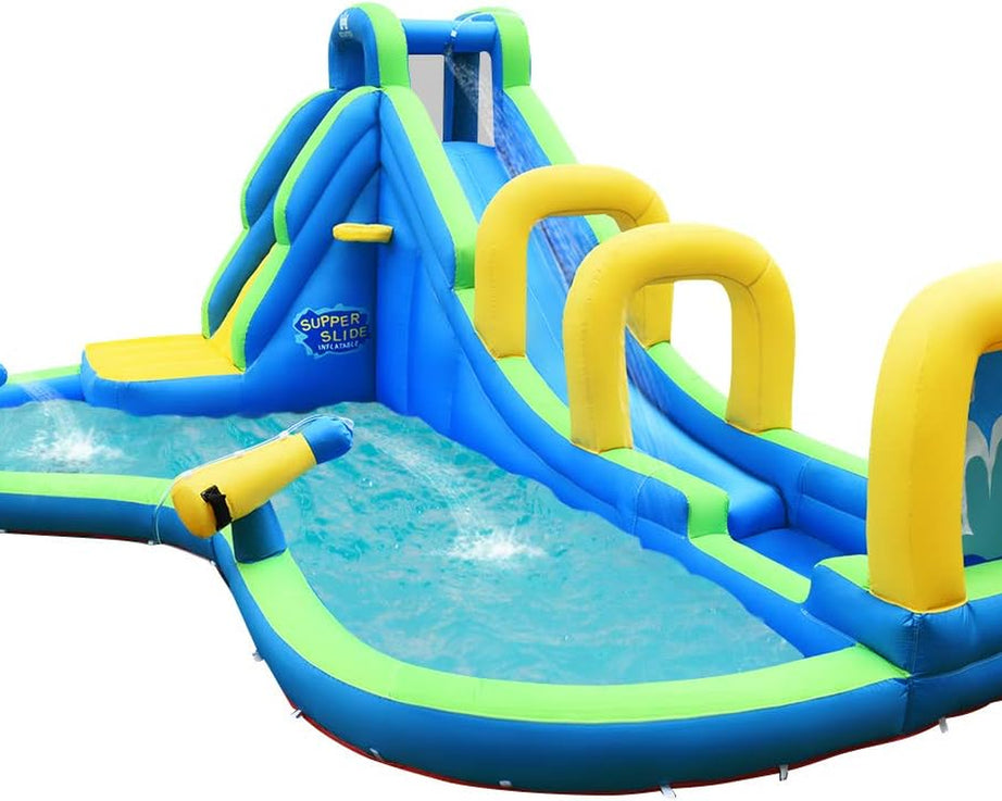 5 in 1 Inflatable Water Slide, Water Bounce House W/Water Cannons, Water Slide, Climbing Wall, Splash Pool, Basketball Hoop & Decorative Arches, Inflatable Water Park (Without Blower)