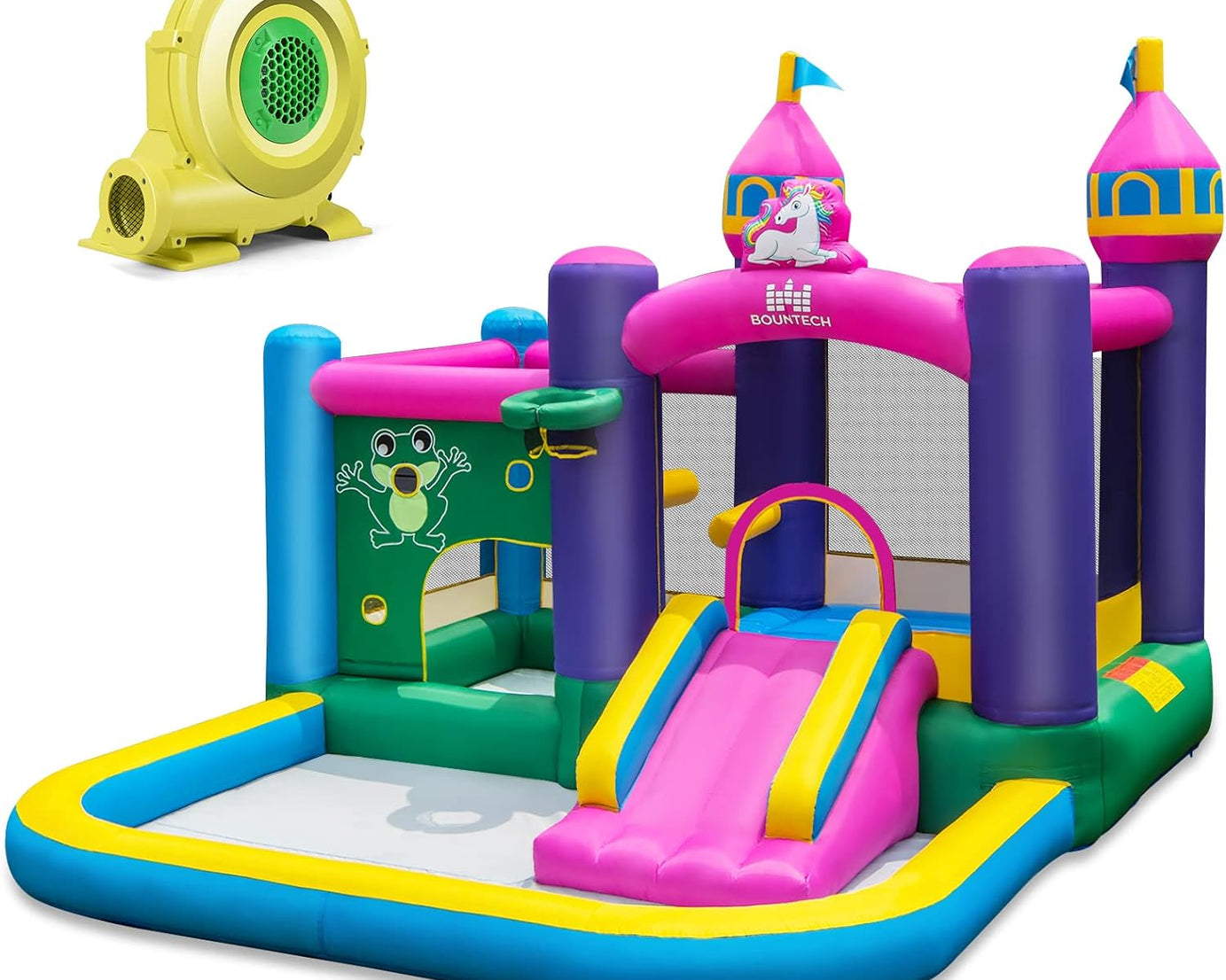 Inflatable Bounce House, 6-In-1 Kids Inflatable Bouncer with Slide, Jumping Area, Ball Pit Pool, Obstacle, Basketball Rim, Outdoor Bouncy Castle for Backyard, Lawn, Park