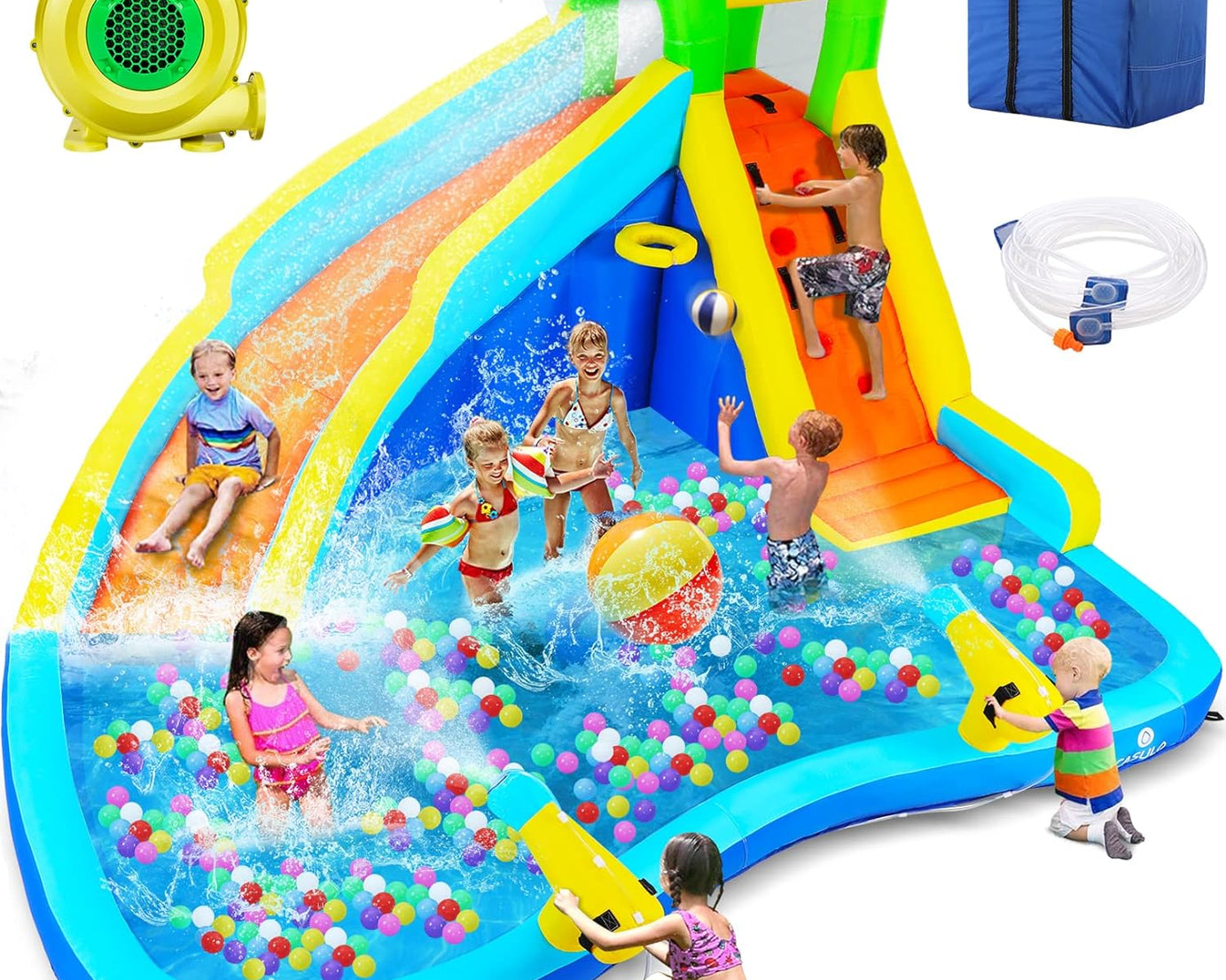 Inflatable Water Slide, 6 in 1 Outdoor Inflatable Water Park with Climbing, Basketball Rim, Splash Pool, Water Cannon, Blow up Water Slides for Kids Backyard