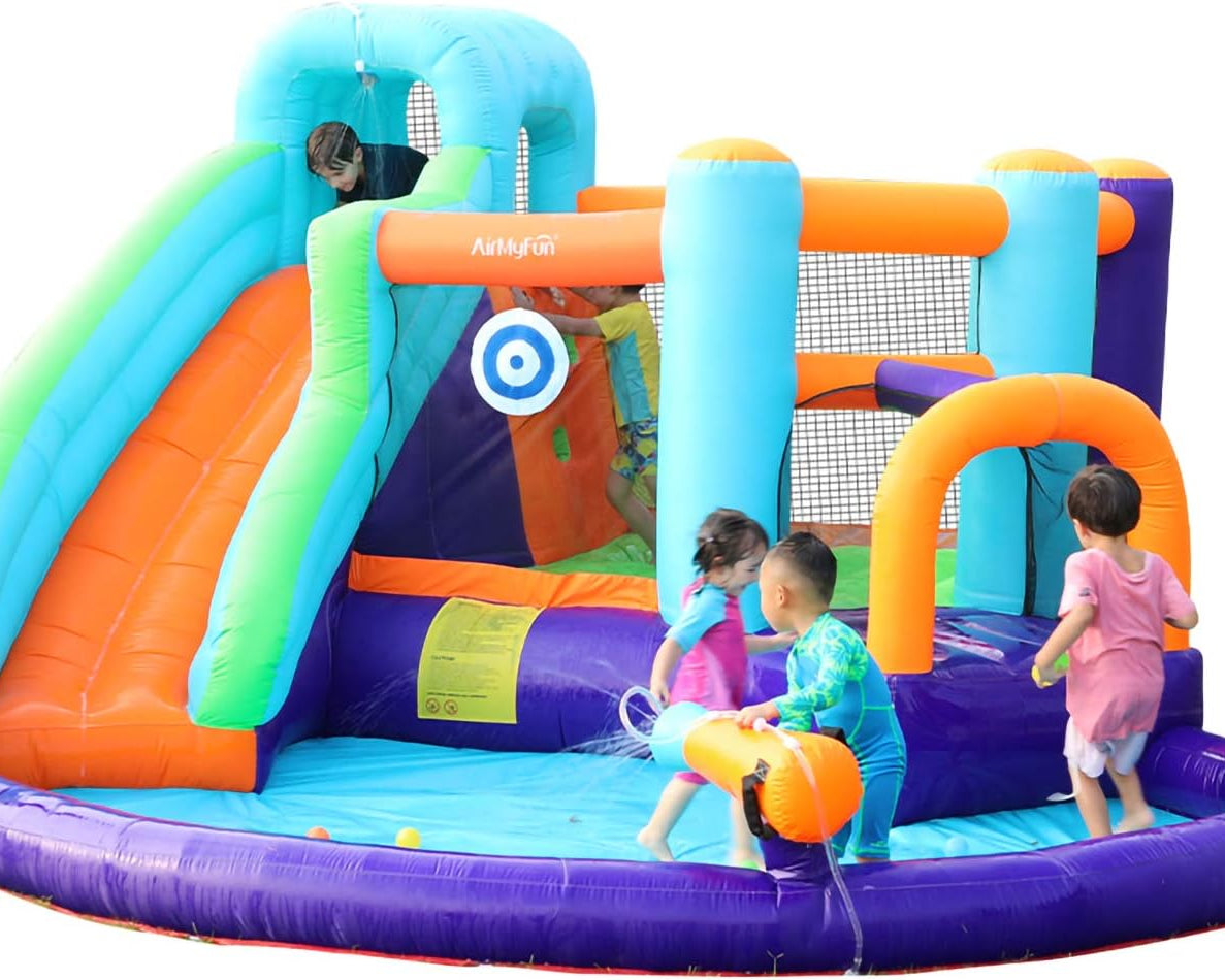 Inflatable Bounce House, Jumping Castle with Water and Slide, Inflatable Bouncer with Air Blower, Water Spray for Summer Time, Idea for Kids (Water Park)