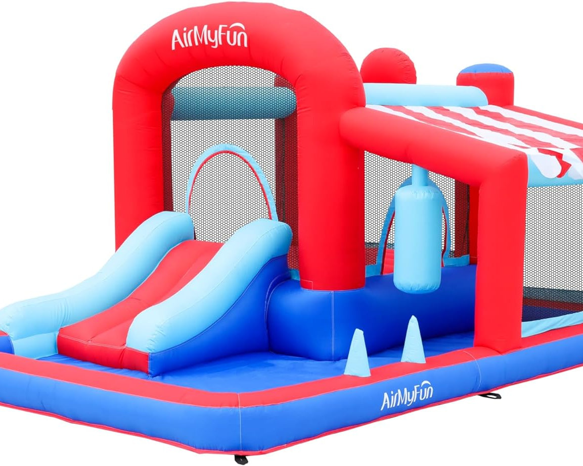 Inflatable Bounce House with Slide, Jumping Castle with Blower,Children Outdoor Playhouse with Jumping Ball Pit&Basketball Hoop&Target Balls