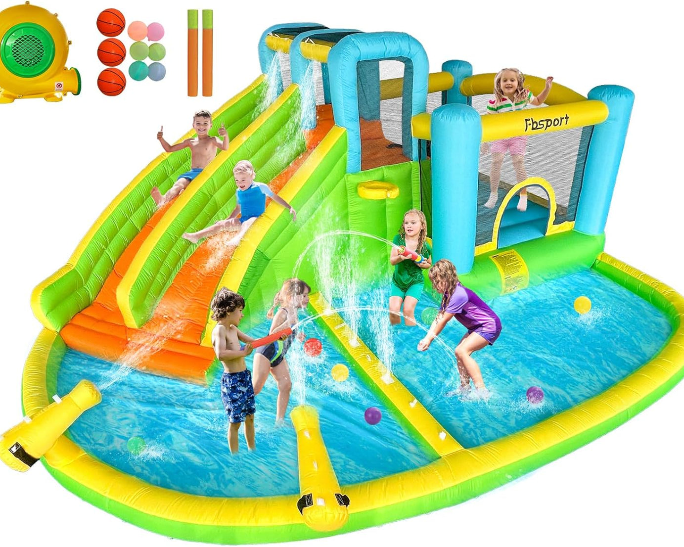 Dual Slide Water Park Bounce Castle: Climbing Wall, Splash Pool, Water Gun - 550W Blower Included