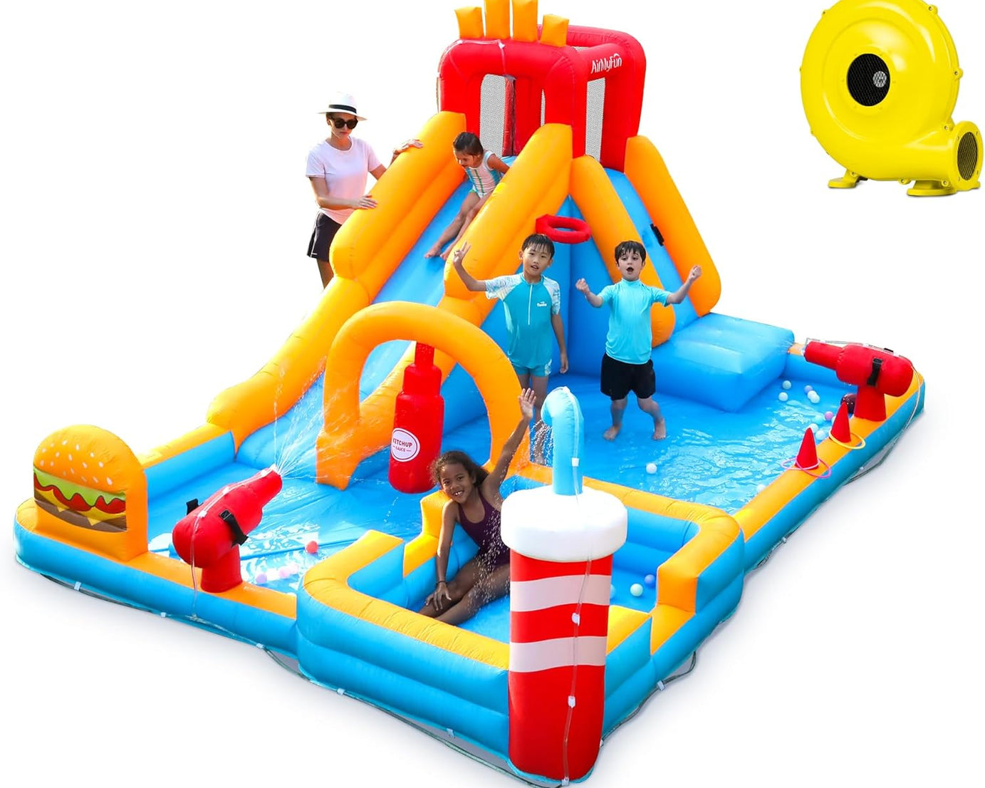 Inflatable Water Park, Water Slides for Kids Backyard, Bounce House for Kids 3-12 Outdoor| Paddling Pool - Boxing Ring, Climbing Wall - Spacious Splash Zone - Includes Patch Kit & Blower