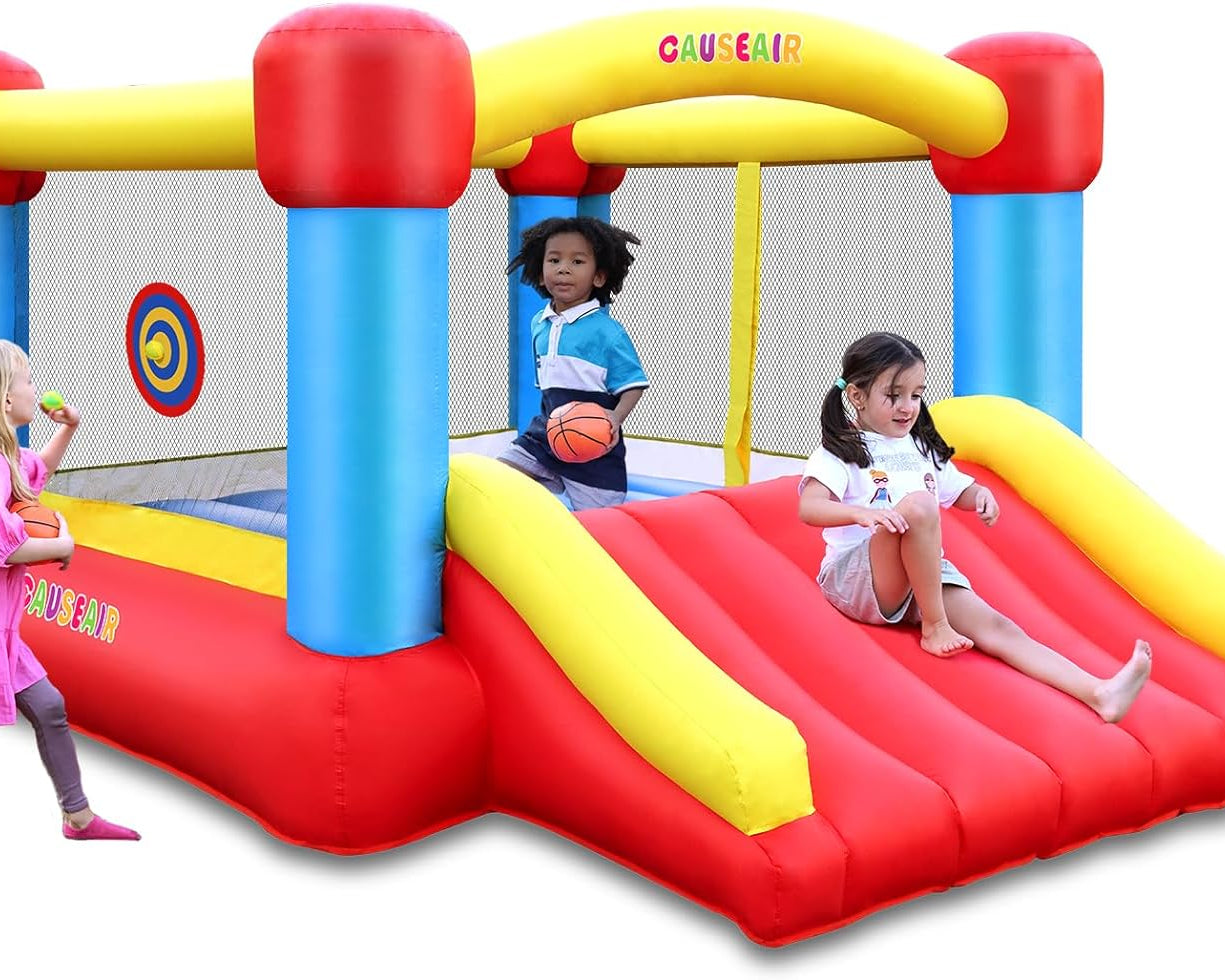 Inflatable Bounce House with GFCI Blower,12 Ft L X 9 Ft W,Basketball Hoop,Dart Ball Game,Durable PVC Coated Bounce Area,Jumping Bouncy Castle with Slide