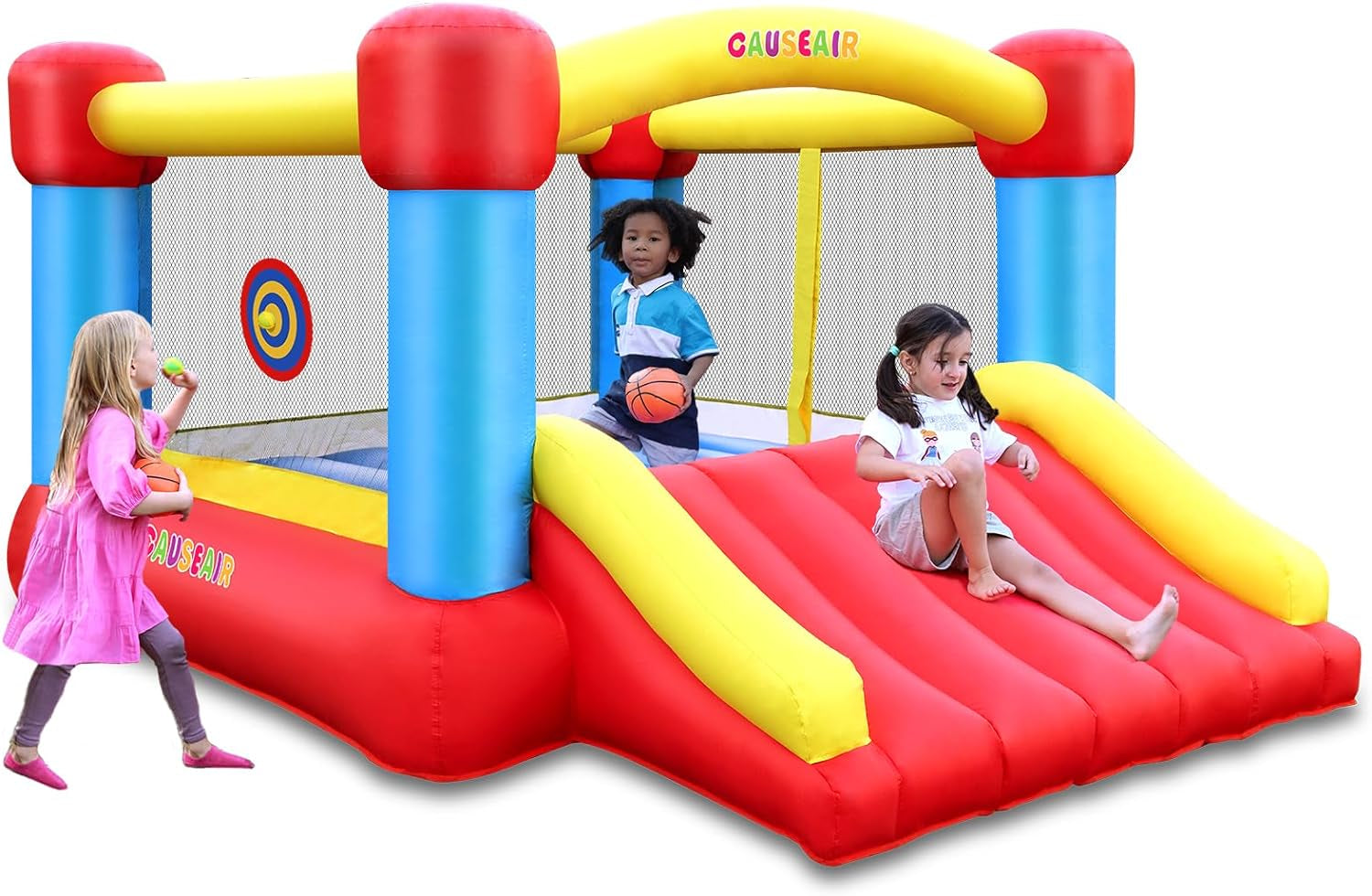 Inflatable Bounce House with GFCI Blower,12 Ft L X 9 Ft W,Basketball Hoop,Dart Ball Game,Durable PVC Coated Bounce Area,Jumping Bouncy Castle with Slide