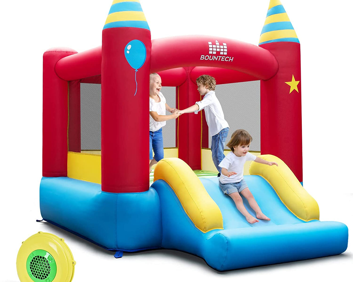 Inflatable Bounce House, Bouncy House for Kids Indoor Outdoor Family Fun with Large Jumping Area, Slide, 480W Blower, Portable Backyard Toddler Bouncer Castle for Birthday Party Gifts