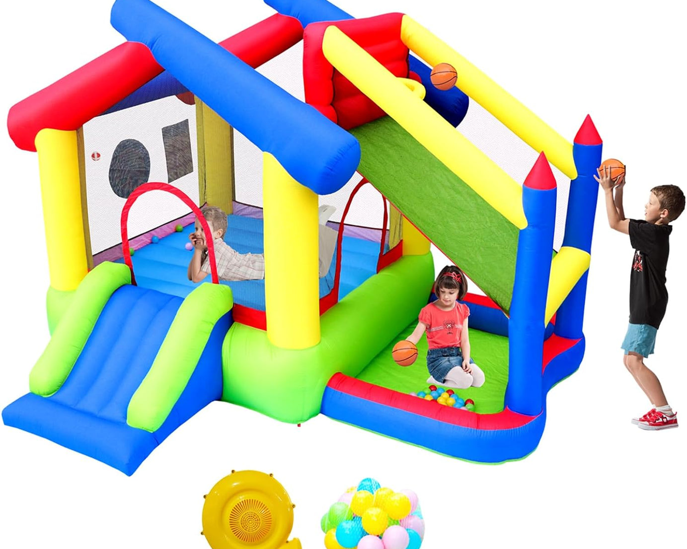 Inflatable Bounce House with Slide, Jumping Castle with Blower and Ball Pool, Basketball Game, Dart Target Game