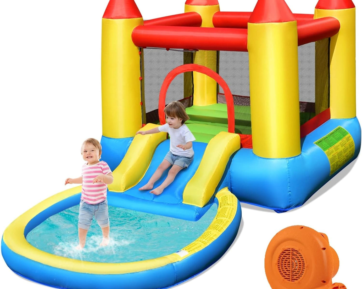 Inflatable Bounce House Water Slide, Jumping Castle with Slide, Splash Pool, Large Bouncing Area, Polyester Mesh, Outdoor Bouncing Castle with Carrying Bag, Repairing Kit, Blower