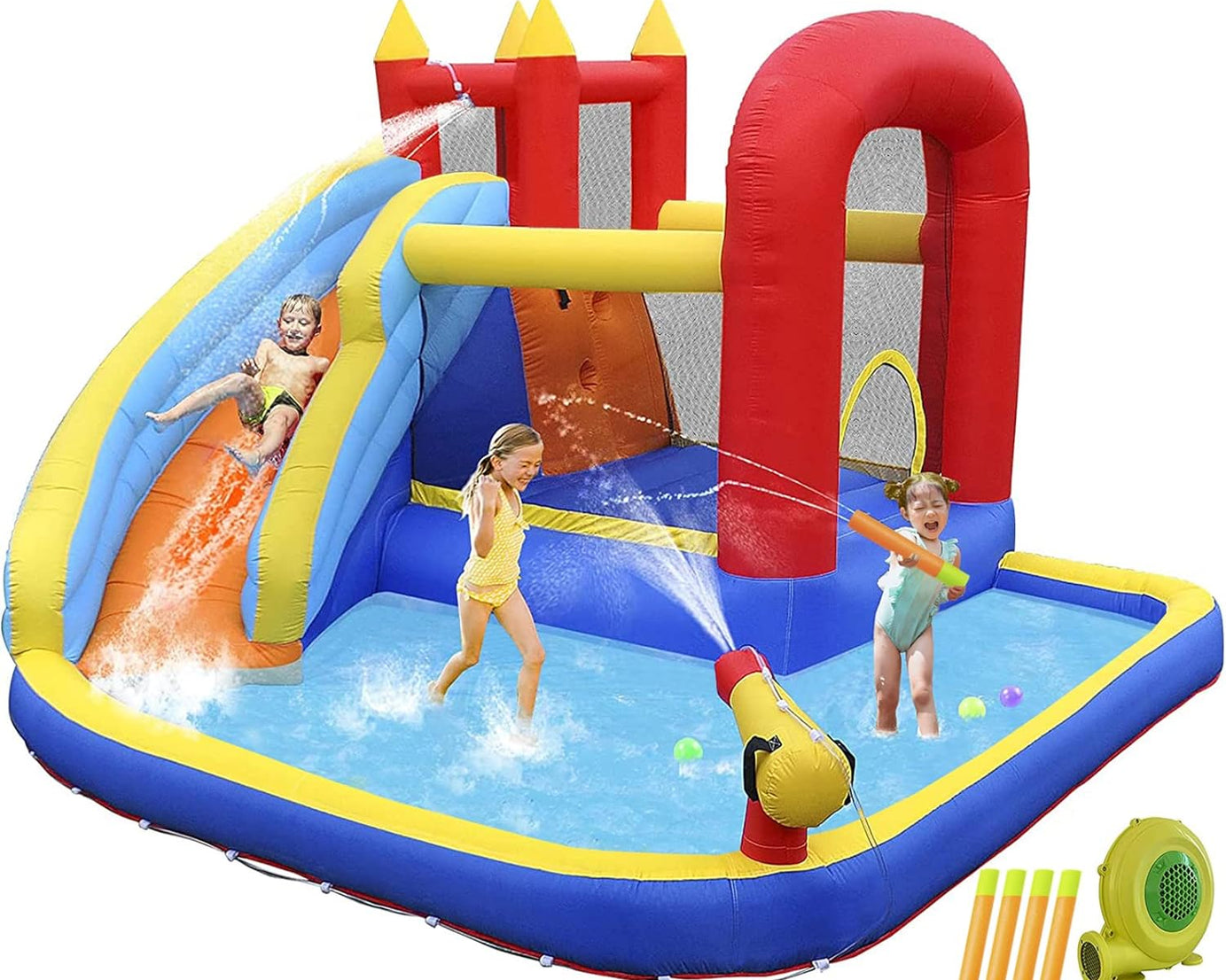 Inflatable Water Slide Bounce House,Slide Bouncer Castle Playhouse W/Splash Pool,Jump Area, Climbing Wall,Basketball Hoop,450W Air Blower for Kids Backyard Indoor Outdoor Use,Free Water Gun