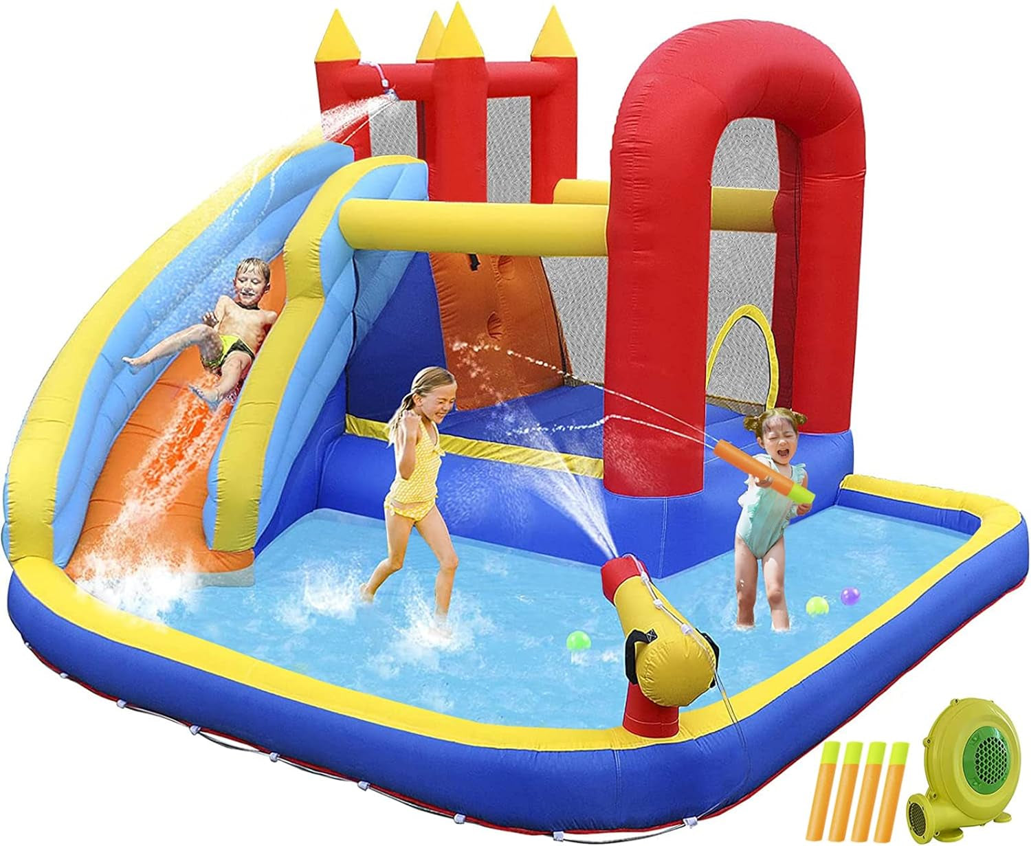 Inflatable Water Slide Bounce House,Slide Bouncer Castle Playhouse W/Splash Pool,Jump Area, Climbing Wall,Basketball Hoop,450W Air Blower for Kids Backyard Indoor Outdoor Use,Free Water Gun