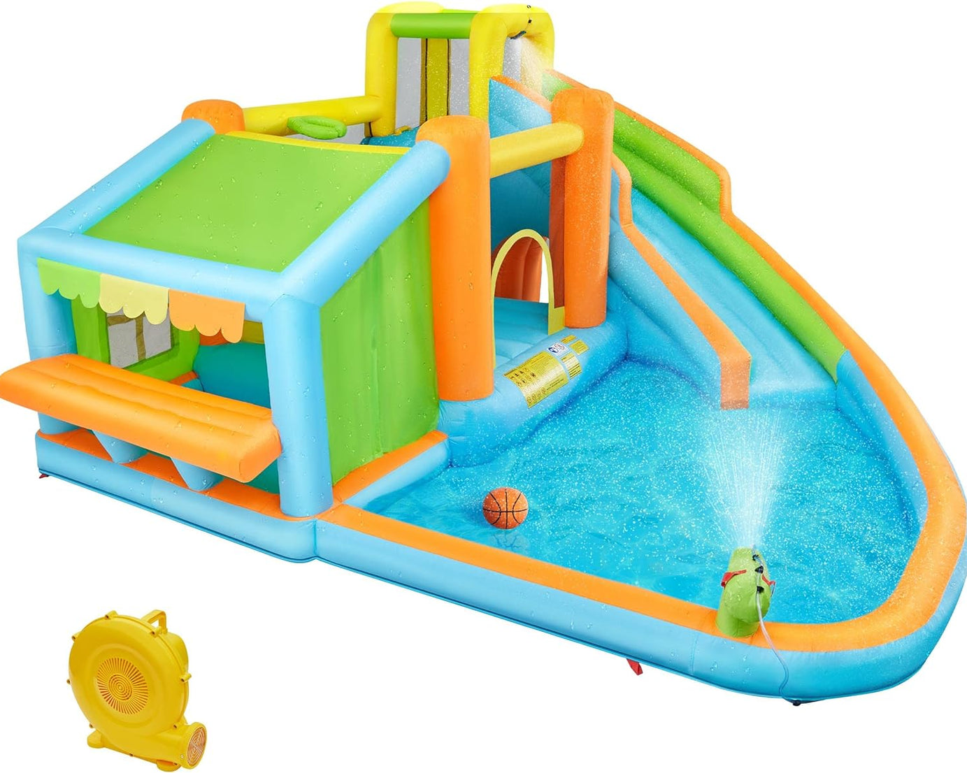 Inflatable Bounce House, Water Bouncer Castle for Kids Aged 3-10 W/Splash Pool, Toy Market Stand, Bouncer Area, Slide, Climbing Wall, Storage Bag, 520W Blower for Outdoor Backyard