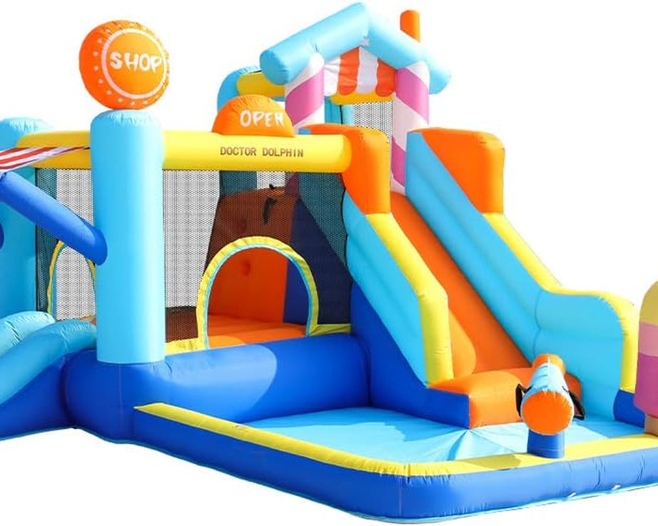 X Doctor Dolphin Inflatable Water Bounce House with Water Slide and Blower for Kids, Double Slide Jumping Water Park Blow up Bouncy Castle with Ball Pit for Indoors & Outdoors