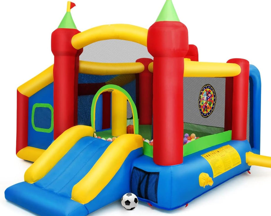 Inflatable Bounce House, Jumping Castle with Slide, Ball-Playing Area, Dart Target, Indoor Outdoor Bouncing House with Carrying Bag, Repairing Kit, Ocean Balls