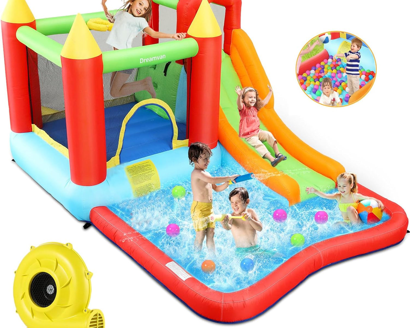 Bounce House, Inflatable Bounce House with Slide for Kids 5-12, Kids Water Slide Bouncy House Water Park for Backyard with Splash Slide,Climbing Wall,Ball Pit,Jumping Area (With Air Blower)