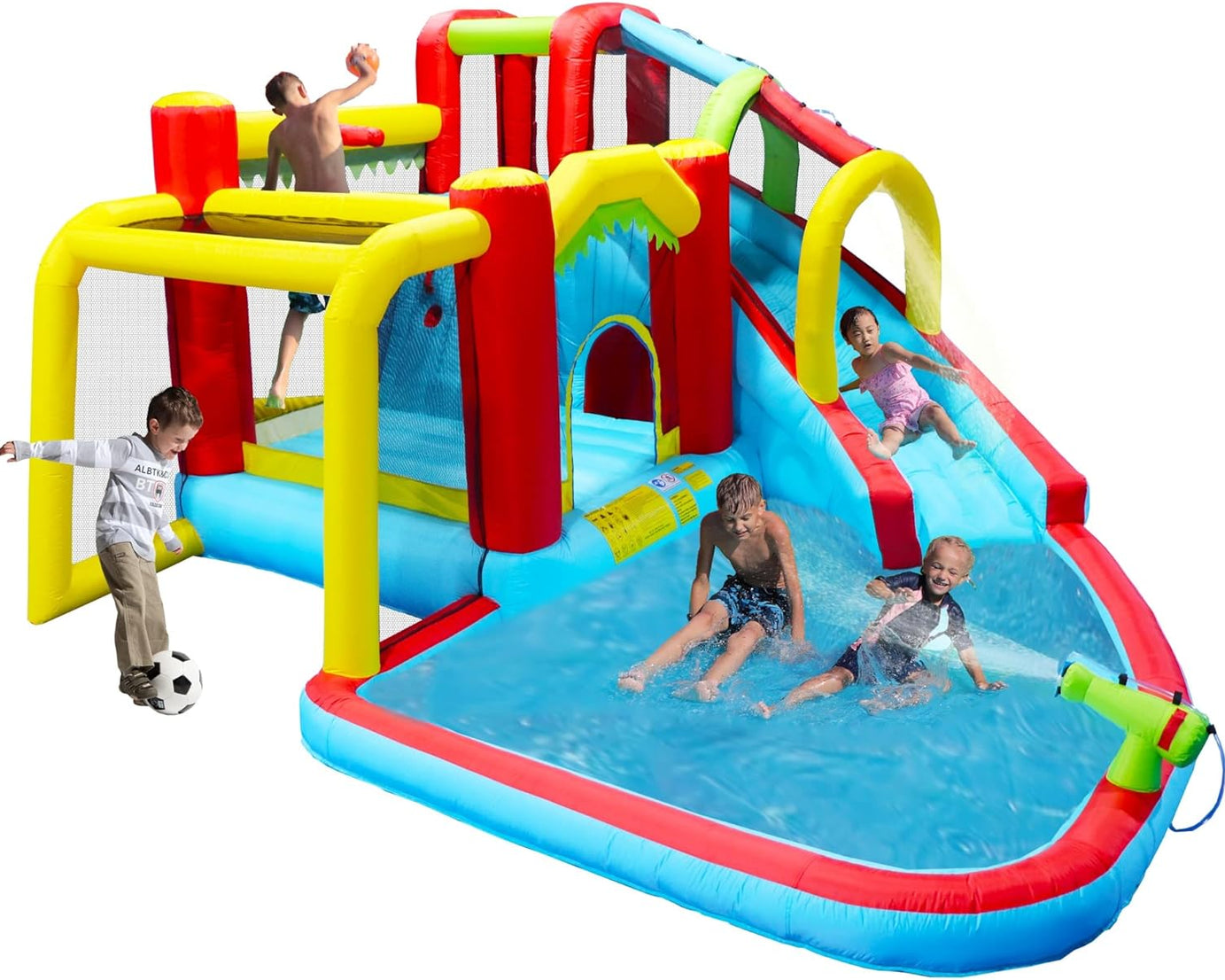 7 In1 Inflatable Slide Water Park Bouncing House Outdoor Soccer Garden Bouncer with Splash Pool & Water Gun & Climbing Wall & Basketball & Football