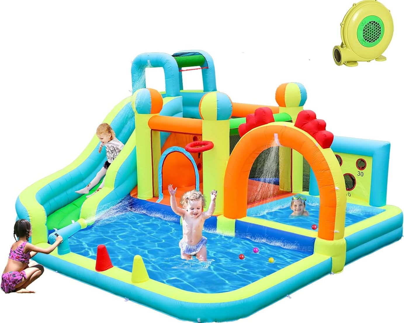 Inflatable Bounce House with Slide for Kids，Inflatable Water Slide Park with Splash Pool，Ball Shooting，Climbing Wall and Jumping Bouncy Castle with Air Blower for Outdoor Backyard